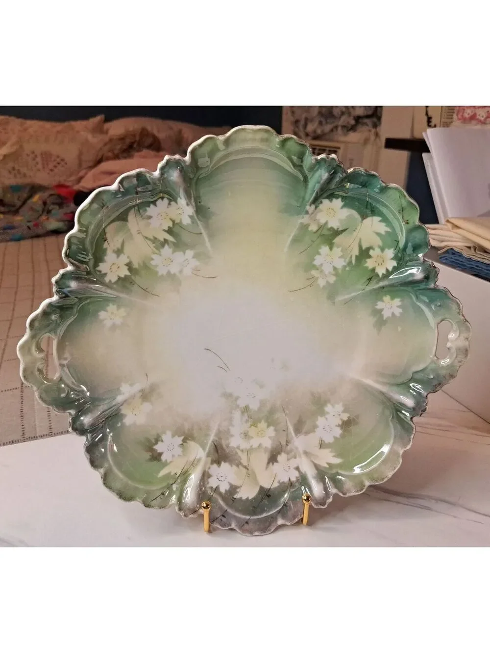 Antique RS Prussia Red Mark Scalloped Rim Pearl Luster Green Serving Plate 11
